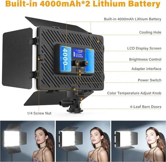 Alt view image 2 of 7 - 2 Pack Led Video Light Panel Light with Barndoor, 8000mAh Rechargeable Camera Light with 79'' Stand, Photo Studio Lighting kit for Video Recording Live Streaming Outdoor Indoor Photography