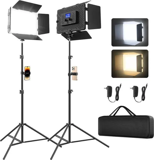 Main image of 2 Pack Led Video Light Panel Light with Barndoor, 8000mAh Rechargeable Camera Light with 79'' Stand, Photo Studio Lighting kit for Video Recording Live Streaming Outdoor Indoor Photography