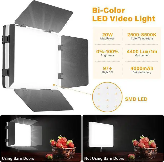 Alt view image 4 of 7 - 2 Pack Led Video Light Panel Light with Barndoor, 8000mAh Rechargeable Camera Light with 79'' Stand, Photo Studio Lighting kit for Video Recording Live Streaming Outdoor Indoor Photography