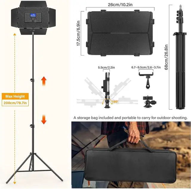 Alt view image 6 of 7 - 2 Pack Led Video Light Panel Light with Barndoor, 8000mAh Rechargeable Camera Light with 79'' Stand, Photo Studio Lighting kit for Video Recording Live Streaming Outdoor Indoor Photography