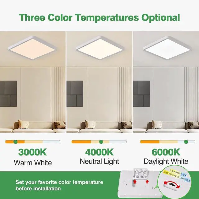 Alt view image 2 of 7 - 12 Inch 6PK Square LED Flush Mount Ceiling Light, 30W, 3000LM, 3000K/4000K/6000K CCT Selectable, LED Flat Panel Low Profile Ceiling Light Fitures for Hallway, Kitchen, Bedroom, Laundry Room