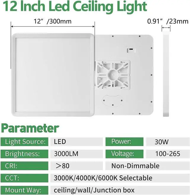 Alt view image 5 of 7 - 12 Inch 6PK Square LED Flush Mount Ceiling Light, 30W, 3000LM, 3000K/4000K/6000K CCT Selectable, LED Flat Panel Low Profile Ceiling Light Fitures for Hallway, Kitchen, Bedroom, Laundry Room