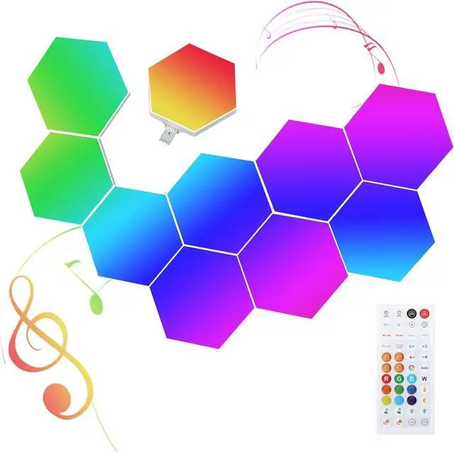 Main image of 10-Pack Hexagon LED Lights for Wall, Smart RGBIC Music Sync Gaming Room Decor Lighting, 16M Colors Changing App & Remote Controlled, RGB Led Light Panels for Gamers (Type-C Powered)