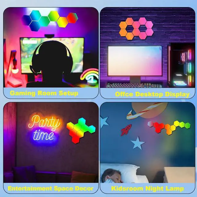 Alt view image 2 of 7 - 10-Pack Hexagon LED Lights for Wall, Smart RGBIC Music Sync Gaming Room Decor Lighting, 16M Colors Changing App & Remote Controlled, RGB Led Light Panels for Gamers (Type-C Powered)
