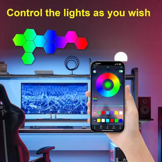 Alt view image 3 of 7 - 10-Pack Hexagon LED Lights for Wall, Smart RGBIC Music Sync Gaming Room Decor Lighting, 16M Colors Changing App & Remote Controlled, RGB Led Light Panels for Gamers (Type-C Powered)