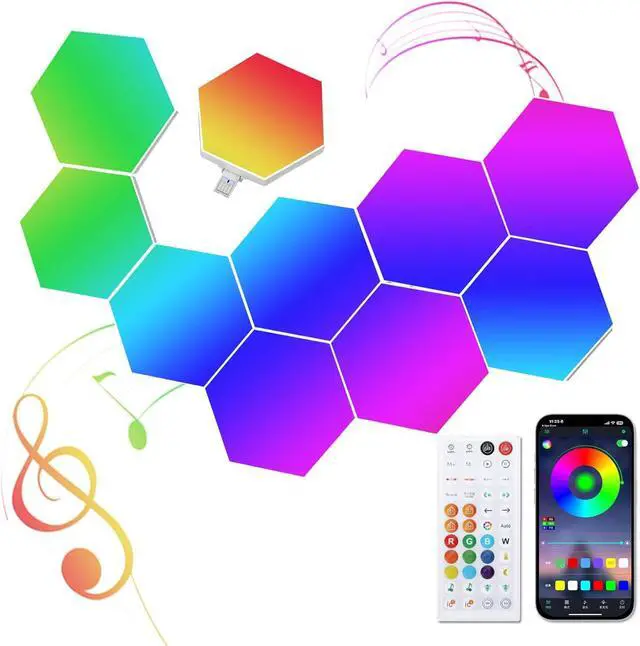 Alt view image 6 of 7 - 10-Pack Hexagon LED Lights for Wall, Smart RGBIC Music Sync Gaming Room Decor Lighting, 16M Colors Changing App & Remote Controlled, RGB Led Light Panels for Gamers (Type-C Powered)