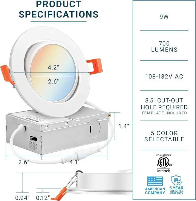 Alt view image 2 of 7 - PARMIDA (12 Pack) 4 Inch LED Gimbal 5CCT Recessed Lighting, Directional Adjustable Canless Ceiling Light with J-Box, 2700K-5000K 5 Color Selectable, 9W, Eyeball Ultra-Thin Slim Panel, Dimmable, ETL