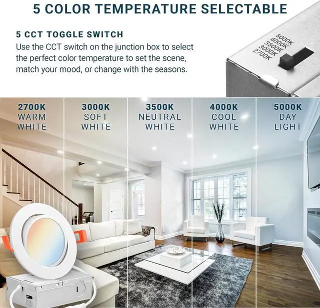 Alt view image 3 of 7 - PARMIDA (12 Pack) 4 Inch LED Gimbal 5CCT Recessed Lighting, Directional Adjustable Canless Ceiling Light with J-Box, 2700K-5000K 5 Color Selectable, 9W, Eyeball Ultra-Thin Slim Panel, Dimmable, ETL