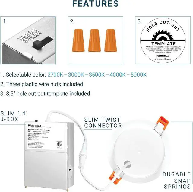 Alt view image 5 of 7 - PARMIDA (12 Pack) 4 Inch LED Gimbal 5CCT Recessed Lighting, Directional Adjustable Canless Ceiling Light with J-Box, 2700K-5000K 5 Color Selectable, 9W, Eyeball Ultra-Thin Slim Panel, Dimmable, ETL