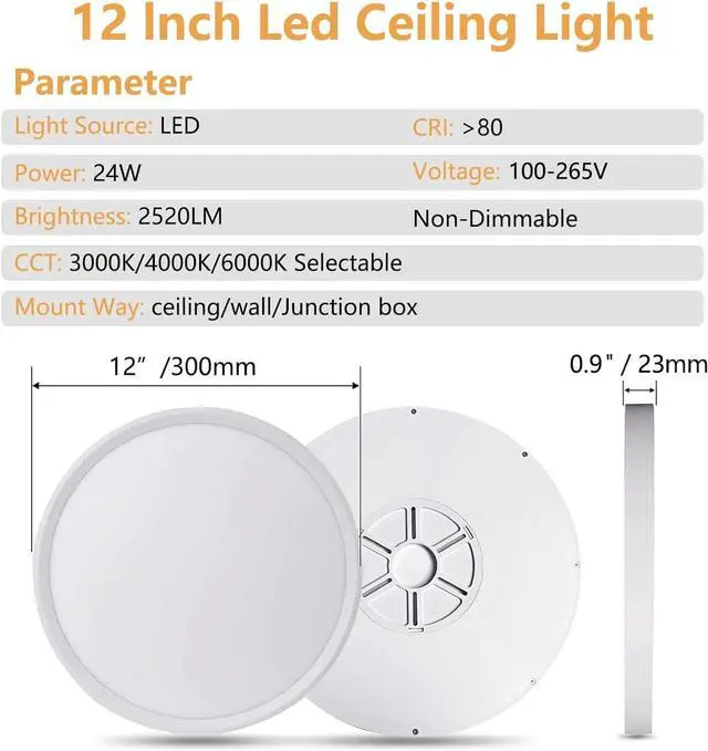 Alt view image 5 of 7 - 12PK 12 Inch LED Flush Mount Super Slim Ceiling Light, 24W, 2520LM, 3000K/4000K/6000K CCT Selectable, Close to Ceiling Round Flat Panel Light for Hallway, Bedroom, Kitchen
