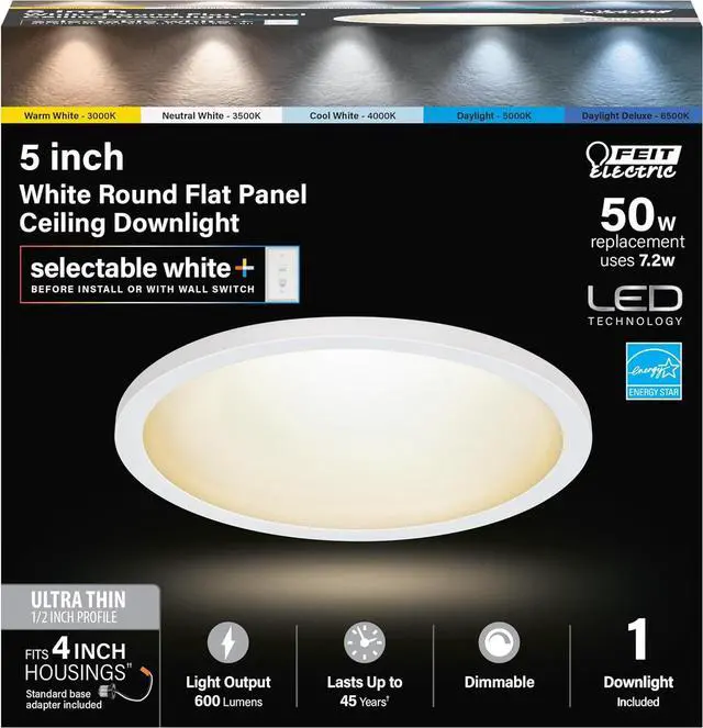 Main image of 4 Inch LED Ceiling Downlight, Dimmable Flat Panel Ceiling Light with Color Selection (5CCT), Fits Most 4 Inch Recessed Cans, TP24 Adapter Included (5"x 5"x 0.5"), 4 Pack, 74202/6WYCA/4