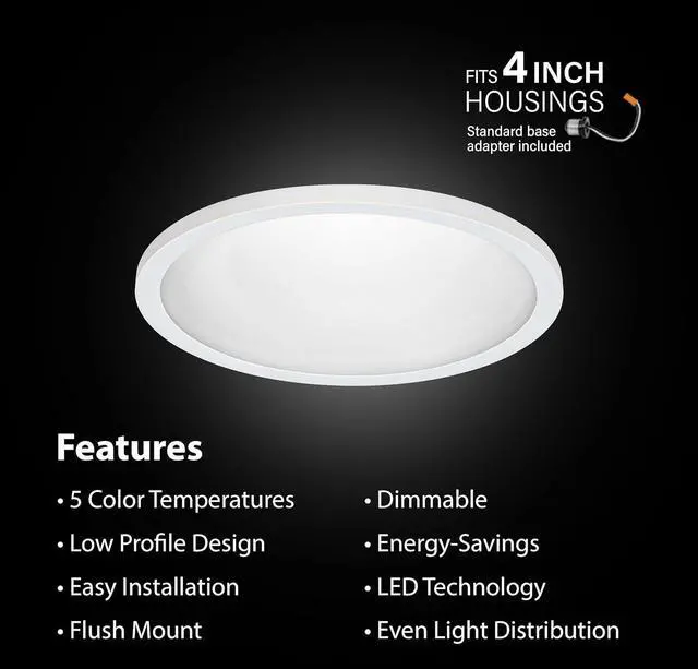 Alt view image 4 of 7 - 4 Inch LED Ceiling Downlight, Dimmable Flat Panel Ceiling Light with Color Selection (5CCT), Fits Most 4 Inch Recessed Cans, TP24 Adapter Included (5"x 5"x 0.5"), 4 Pack, 74202/6WYCA/4