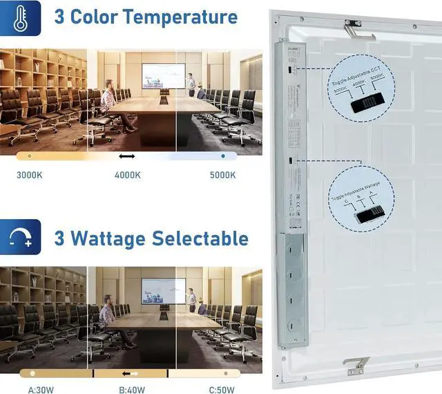 Alt view image 2 of 7 - 30-Pack 2x4 LED Drop Ceiling Light Fixture Flat Panel, 0-10V Dimmable, 30/40/50W Selectable, 3000K/4000K/5000K Switchable, 120-277V, ETL Listed