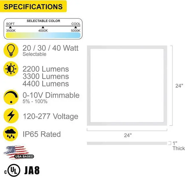 Alt view image 2 of 7 - 4 Pack 2x2 LED Panel for Drop-in Ceiling, 40W/30W/20W Selectable, 3 Color Select, 3500K/4000K/5000K, Super Bright 4400LM, 0-10V Dimmable Flat Backlit Fixture, 120V-277V, ETL Listed