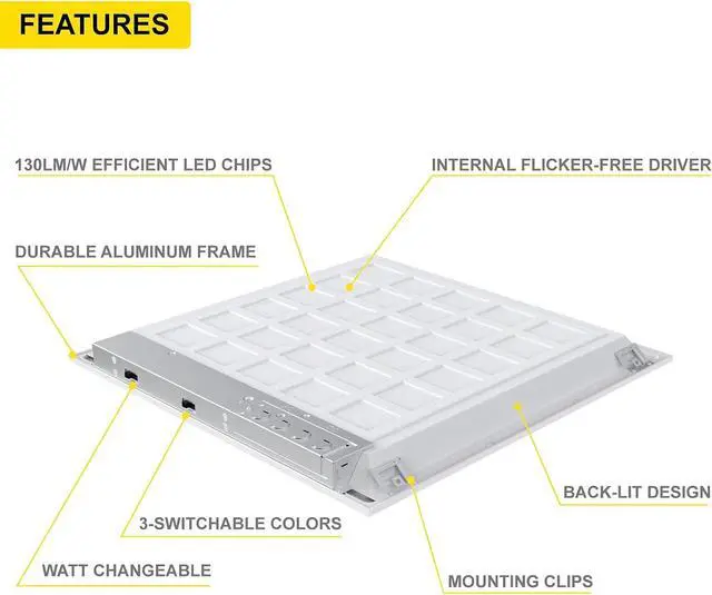 Alt view image 3 of 7 - 4 Pack 2x2 LED Panel for Drop-in Ceiling, 40W/30W/20W Selectable, 3 Color Select, 3500K/4000K/5000K, Super Bright 4400LM, 0-10V Dimmable Flat Backlit Fixture, 120V-277V, ETL Listed