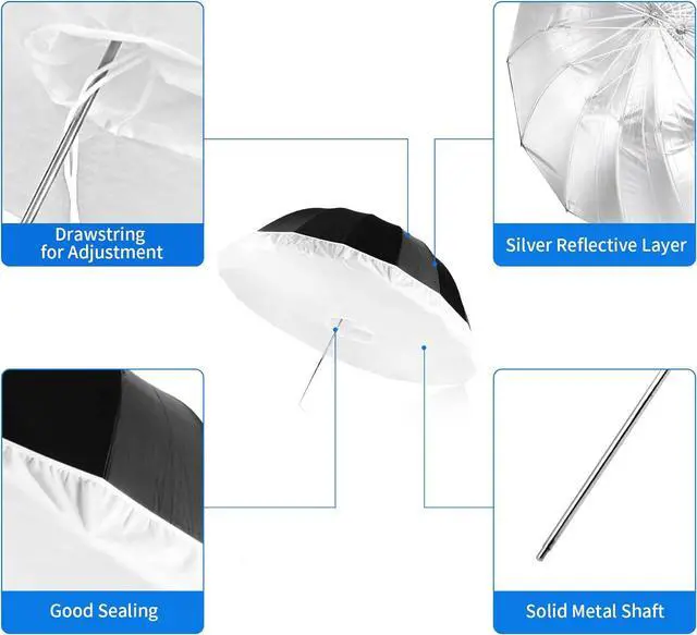 Alt view image 3 of 7 - 41 Inch Parabolic Umbrella with Diffuser Cover, Collapsible Black/Silver 16 Ribs Reflective Umbrella for Photo Studio Flash Speed Light