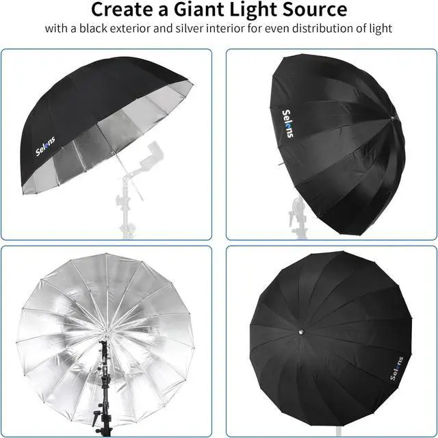 Alt view image 7 of 7 - 41 Inch Parabolic Umbrella with Diffuser Cover, Collapsible Black/Silver 16 Ribs Reflective Umbrella for Photo Studio Flash Speed Light
