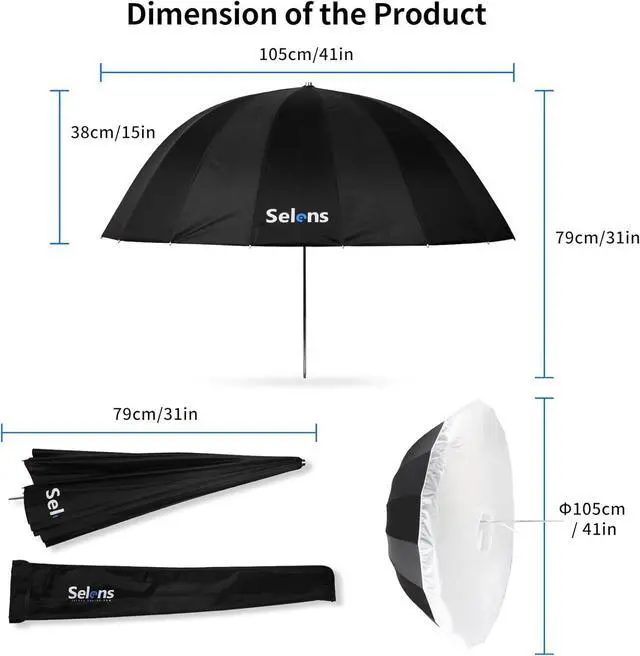 Alt view image 4 of 7 - 41 Inch Parabolic Umbrella with Diffuser Cover, Collapsible Black/Silver 16 Ribs Reflective Umbrella for Photo Studio Flash Speed Light