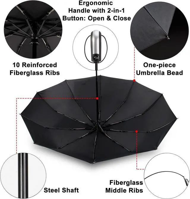 Alt view image 4 of 7 - 10 Pack Bulk Umbrellas Travel Windproof Portable Compact Large Canopy Ergonomic Handle Auto Open & Close