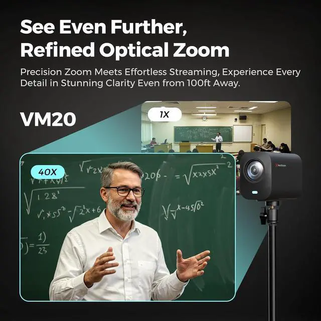 Alt view image 5 of 7 - VM20 Wired Streaming Camera 4K with 40X Hybrid Zoom/8 Noise Canceling Mics/Remote Control, Plug & Play, HDMI/USB/RJ45 Webcam for LiveStream, Video Call, Creator, Multicam Ready