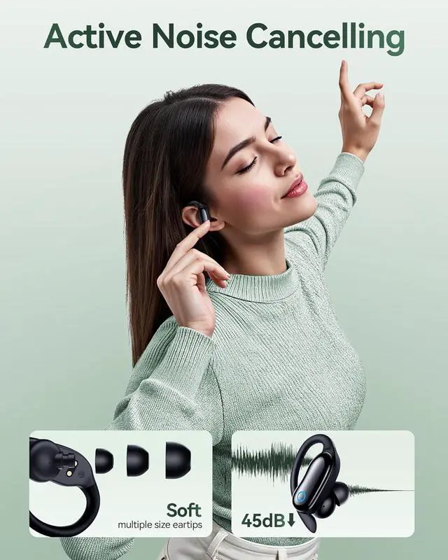 Alt view image 2 of 7 - Active Noise Canceling Ear Buds Wireless Earbuds 96hrs Playback Bluetooth Headphones IPX7 Waterproof Stereo Bass Over-Ear Earphones with Earhooks Microphone LED Battery Display for Sports