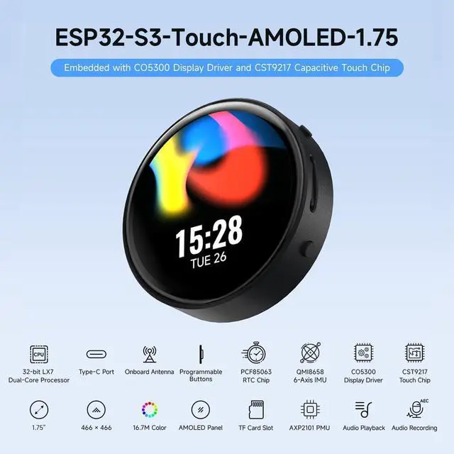 Alt view image 3 of 7 - ESP32-S3 1.75inch AMOLED Round Touch Display Development Board, 32-bit LX7 Dual-core, 466×466, QSPI, Dual Digital Microphones Array, ESP32 with Display, with Case
