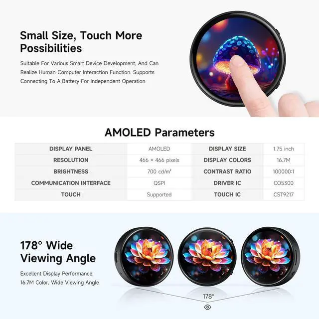 Alt view image 5 of 7 - ESP32-S3 1.75inch AMOLED Round Touch Display Development Board, 32-bit LX7 Dual-core, 466×466, QSPI, Dual Digital Microphones Array, ESP32 with Display, with Case