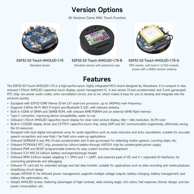 Alt view image 4 of 7 - ESP32-S3 1.75inch AMOLED Round Touch Display Development Board, 32-bit LX7 Dual-core, 466×466, QSPI, Dual Digital Microphones Array, ESP32 with Display, with Case