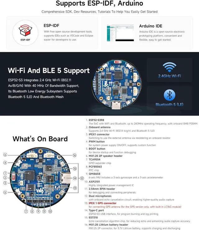 Alt view image 7 of 7 - ESP32-S3 1.75inch AMOLED Round Touch Display Development Board, 32-bit LX7 Dual-core, 466×466, QSPI, Dual Digital Microphones Array, ESP32 with Display, with Case