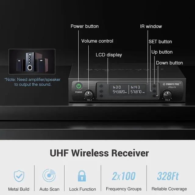 Alt view image 3 of 7 - Dual UHF Wireless Microphone SystemAuto-Scan Cordless Mic Set w/ 2x100 Frequencies, 2 Bodypacks & Headsets/Lapel Microphones for Speaking, Singing, Church, DJ (PTU-71-2B)