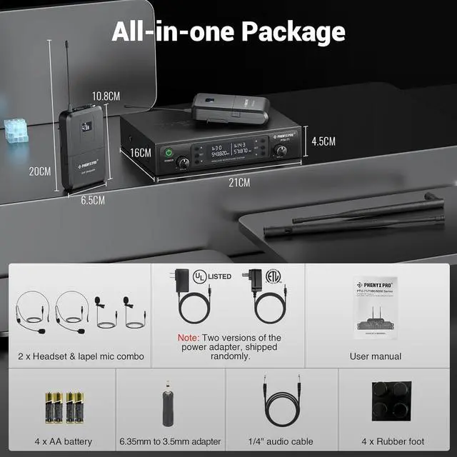 Alt view image 7 of 7 - Dual UHF Wireless Microphone SystemAuto-Scan Cordless Mic Set w/ 2x100 Frequencies, 2 Bodypacks & Headsets/Lapel Microphones for Speaking, Singing, Church, DJ (PTU-71-2B)