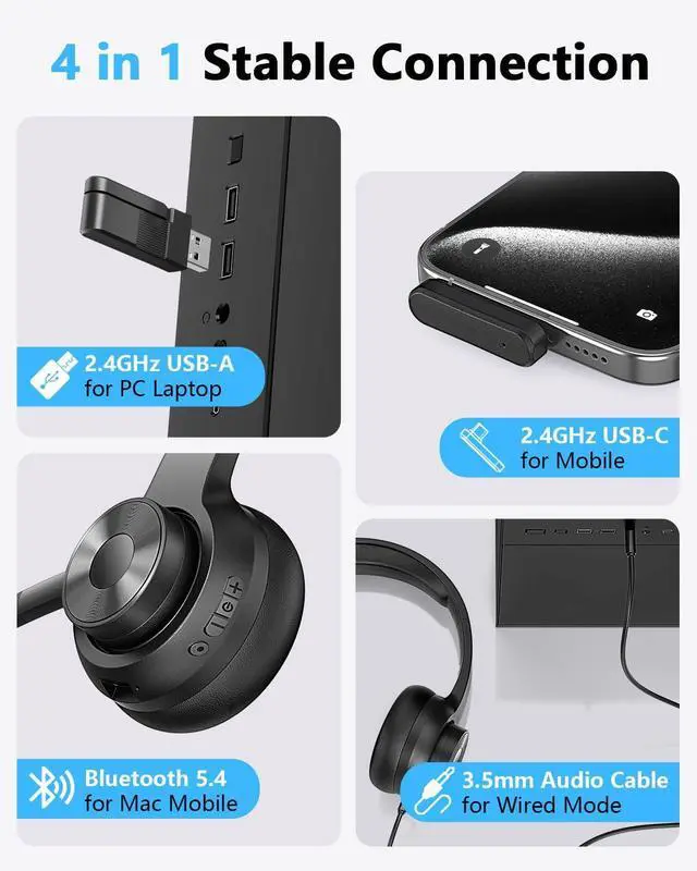 Alt view image 2 of 7 - Wireless Headset with Mic for Work, Bluetooth 5.4 Office Headset with AI Noise Cancelling, USB A/C Dongle & Mic Mute for Computer Laptop PC, Lightweight Design for Call Center
