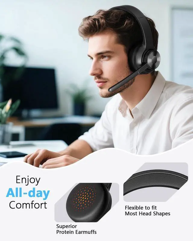 Alt view image 6 of 7 - Wireless Headset with Mic for Work, Bluetooth 5.4 Office Headset with AI Noise Cancelling, USB A/C Dongle & Mic Mute for Computer Laptop PC, Lightweight Design for Call Center