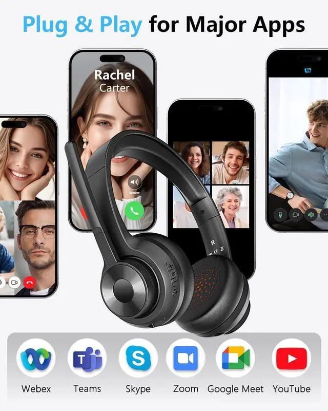 Alt view image 7 of 7 - Wireless Headset with Mic for Work, Bluetooth 5.4 Office Headset with AI Noise Cancelling, USB A/C Dongle & Mic Mute for Computer Laptop PC, Lightweight Design for Call Center