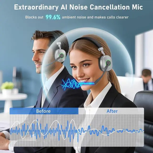 Alt view image 2 of 7 - Wireless Headset, Bluetooth Headset with Microphone, AI Noise Canceling Mic & USB Dongle, 40 Hrs Working Time V5.3 Wireless Headphones with Mic Mute for PC/Laptop/Office/Call Center/Zoom/Home/Phone