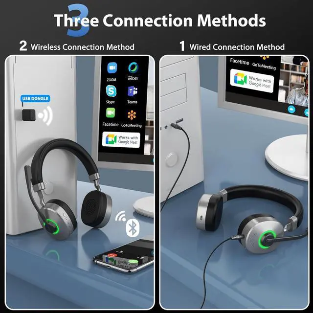 Alt view image 7 of 7 - Wireless Headset, Bluetooth Headset with Microphone, AI Noise Canceling Mic & USB Dongle, 40 Hrs Working Time V5.3 Wireless Headphones with Mic Mute for PC/Laptop/Office/Call Center/Zoom/Home/Phone