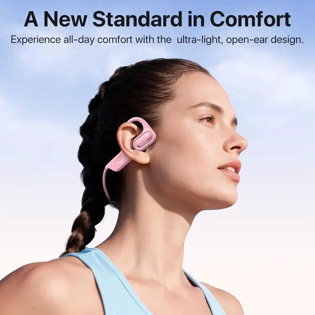 Alt view image 2 of 7 - Open Ear Headphones with Mic, 29g Bluetooth Headset, Sweat Resistant,12Hrs, Dual Connect, Wireless Bluetooth Headphones with Noise Cancelling Microphone & Mute, for Work, Workout, Driving, Call, Pink