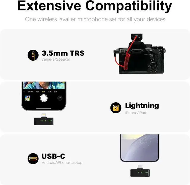 Alt view image 7 of 7 - Wireless Lavalier Microphone for iPhone/Camera/Android/Laptop with Noise Cancellation, 25H Battery Life, 229ft Range, Clip on Wireless Lapel Mic for Video Recording, Vlogging, Interview