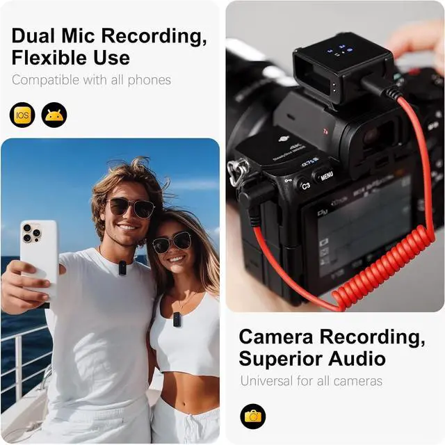 Alt view image 3 of 7 - Wireless Lavalier Microphone for iPhone/Camera/Android/Laptop with Noise Cancellation, 25H Battery Life, 229ft Range, Clip on Wireless Lapel Mic for Video Recording, Vlogging, Interview