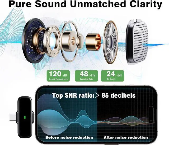 Alt view image 2 of 7 - Wireless Lavalier Microphone for iPhone/Android - Dual Mini Noise Canceling Mic with Charging Case(30H), USB-C/Lightning Clip-on Microphone for Video Recording Streaming Podcast Vlogging