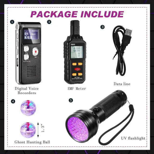 Alt view image 2 of 6 - 7 Pcs Ghost Hunting Equipment Kit Includes 1 Pcs 8gb Audio Recorder 1 Pcs Emf Meter Magnetic Field Detector 4 Pcs Ghost Hunting Cat Balls 1 Pcs UV Black Light Flashlight for Ghost Hunting