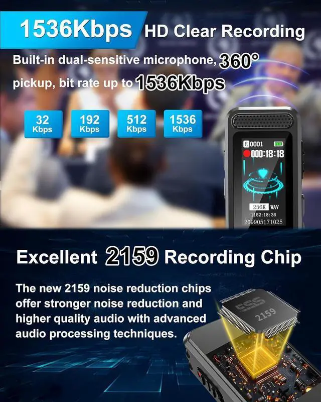 Alt view image 2 of 7 - 128GB Mini Voice Recorder with 2159 Professional Noise Reduction and up to 1536kbps Lossless Sound Quality, Voice Activated Recorder with Transcription Function, USB-C Audio Recorder for Meetings