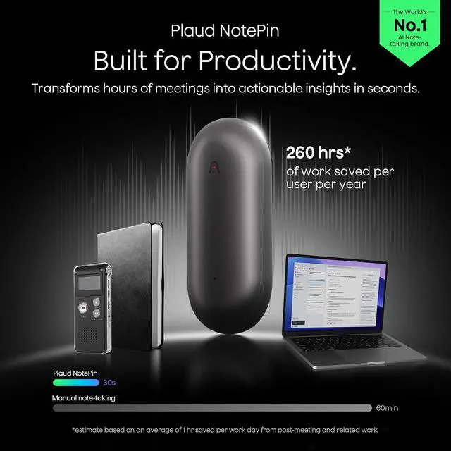 Alt view image 2 of 7 - NotePin Voice Recorder, AI Voice Recorder, App Control, AI Notetaker, AI Transcribe & Summarize, Support 112 Languages, 64GB Memory, Audio Recorder for Lectures, Meetings, Cosmic Gray