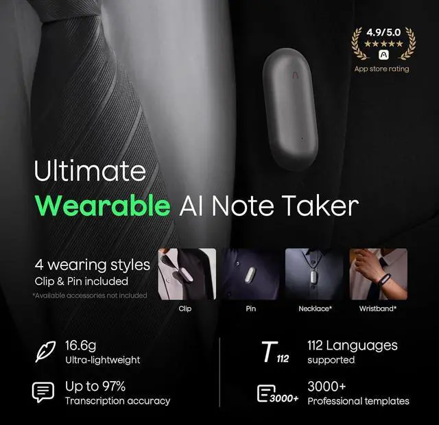 Alt view image 3 of 7 - NotePin Voice Recorder, AI Voice Recorder, App Control, AI Notetaker, AI Transcribe & Summarize, Support 112 Languages, 64GB Memory, Audio Recorder for Lectures, Meetings, Cosmic Gray