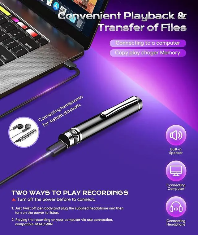 Alt view image 4 of 7 - 128GB Digital Voice Recorder Voice Activated Recorder with Playback, Portable Audio Recorder, Portable Recording Device with AI Noise Reduction, Portable Audio Recorder for Meeting/Course