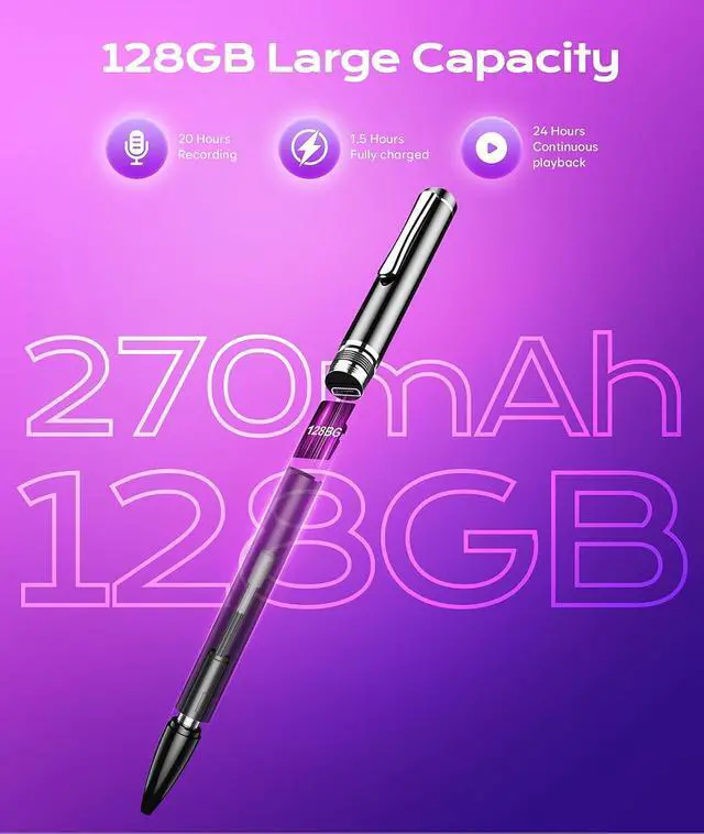 Alt view image 7 of 7 - 128GB Digital Voice Recorder Voice Activated Recorder with Playback, Portable Audio Recorder, Portable Recording Device with AI Noise Reduction, Portable Audio Recorder for Meeting/Course