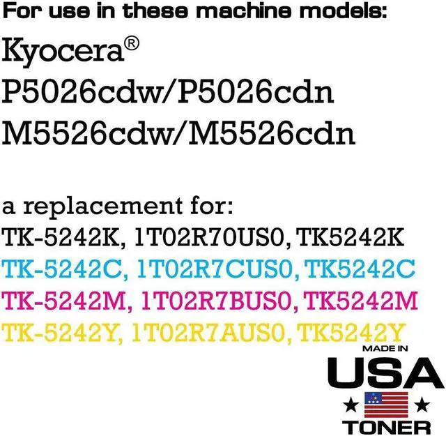 Alt view image 2 of 2 - Compatible Toner for Kyocera P5026cdw, M5526cdw, TK5242, TK-5242K,  TK-5242C, TK-5242M, TK-5242Y (CMYK, 4 cartridges)
