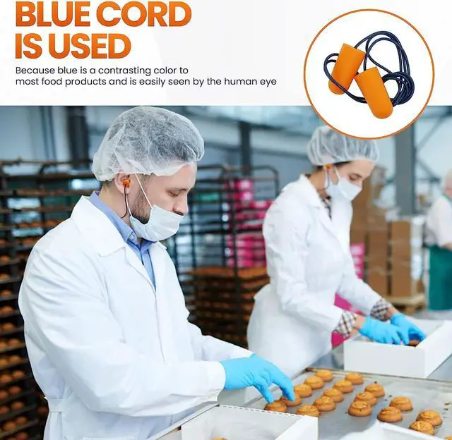 Alt view image 3 of 7 - 10 Pairs of Metal Detectable Foam Earplugs - NRR 32dB with Detectable Cord - Noise Cancelling, Disposable, Corded Ear Plugs for Food Services, Industry, Pharmaceutical, Pulp & Paper