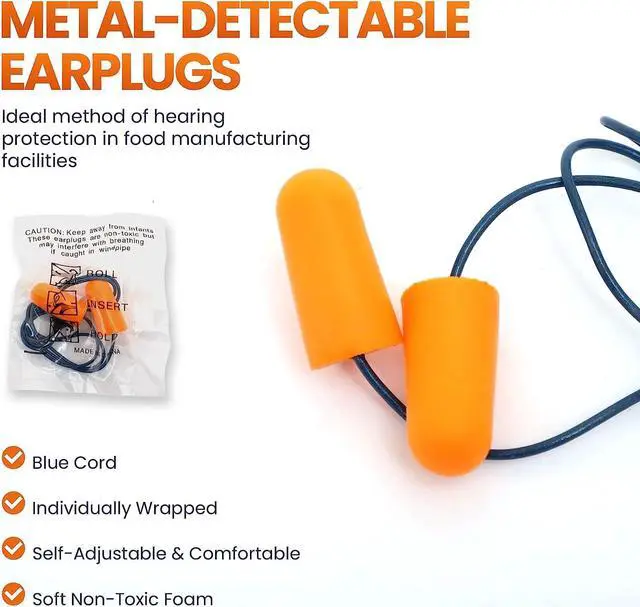Alt view image 6 of 7 - 10 Pairs of Metal Detectable Foam Earplugs - NRR 32dB with Detectable Cord - Noise Cancelling, Disposable, Corded Ear Plugs for Food Services, Industry, Pharmaceutical, Pulp & Paper
