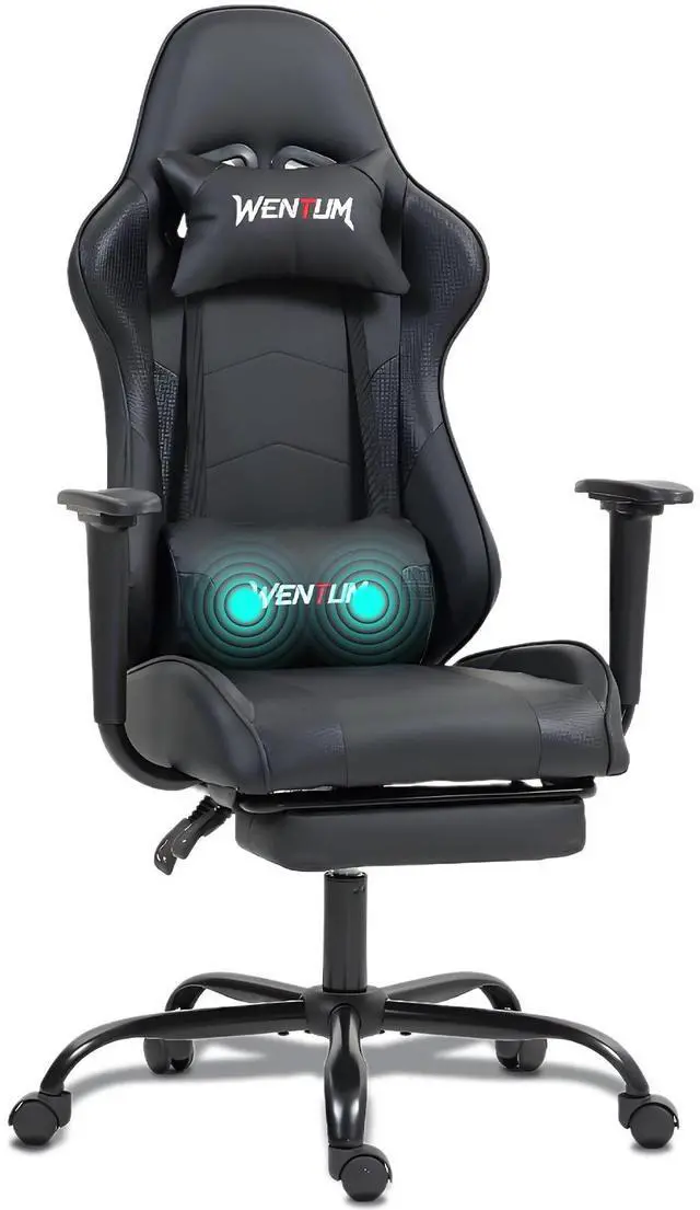 Main image of VANBOW Reclining Gaming Chair with Footrest, Massage Racing Office Chair, PU Leather Computer Desk Chair with Head Pillow for Adults, Black